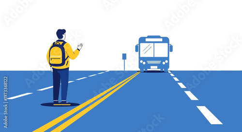 Student with backpack waving for bus on road with double yellow lines