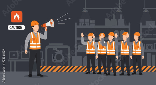 Supervisor with megaphone addresses workers in factory, safety caution sign