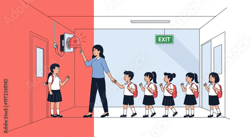 Teacher leading students to safety during fire drill, emergency evacuation concept