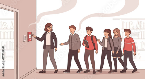 Teacher leads students out of classroom during fire drill or emergency evacuation