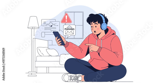 Teenager receives phishing email on smartphone while listening to music, concept of online scam