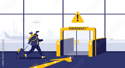 Traveler rushes to emergency exit gate at airport terminal with warning sign