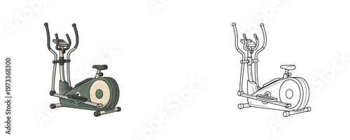 Elliptical cross trainer cartoon illustrations in flat grey green and black line art styles represents gym cardio equipment for fitness training isolated on white background