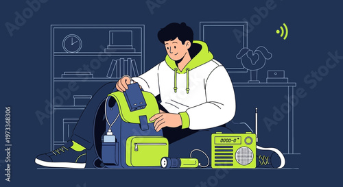 Young man packing backpack with emergency supplies for survival or travel