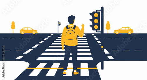 Young person with backpack crossing street at crosswalk with traffic lights and cars