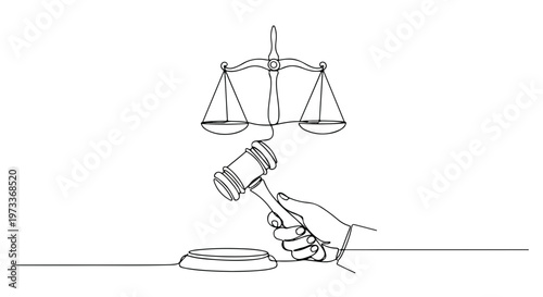 Law, justice, and order concept, hand holding gavel, scales of justice icon, line art illustration