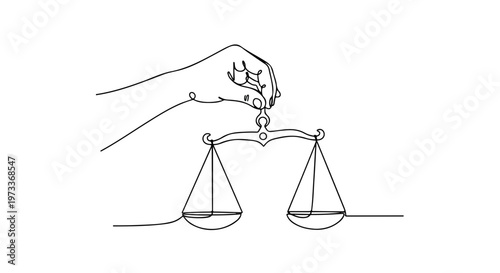 Justice, law, balance scale, hand holding scales, equality concept, line art