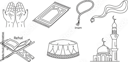 Collection of Muslim prayer and religious elements featuring minimalist line art vector icons perfect for Ramadan Eid and cultural graphic design
