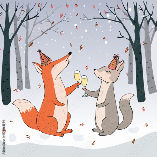 Two festive animals celebrating with champagne in party hats.