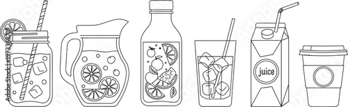 Collection of refreshing summer beverages and drink containers presented as minimalist outline vector illustrations for menu design cafe branding or healthy lifestyle concepts