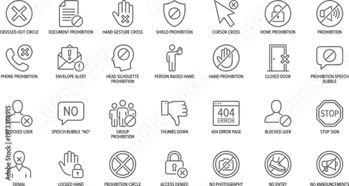 Prohibition and Restricted Access Line Icon Set with Denial, Warning, Blocked User, No Entry, Error, Security, and Forbidden Action Symbols