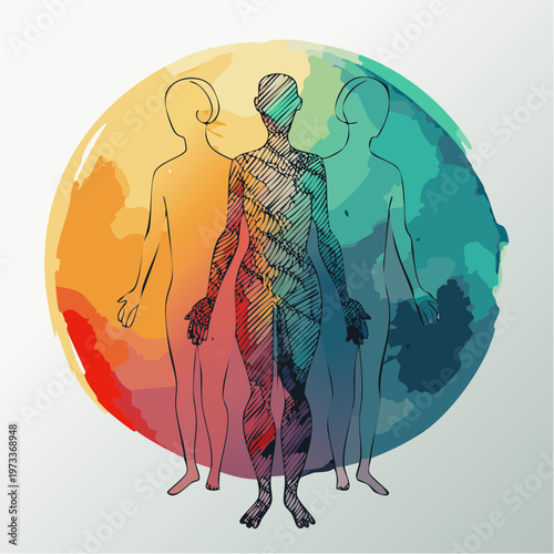 Human figures representing mind body and spirit with colorful background.