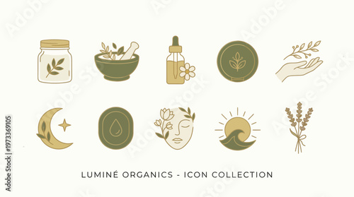 Luxury organic skincare icon pack combining botanical elements with premium minimal vector design