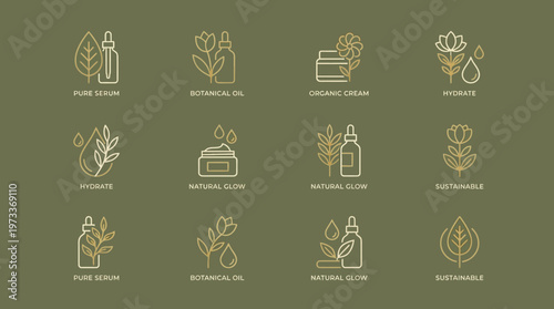 Luxury organic skincare icon pack combining botanical elements with premium minimal vector design