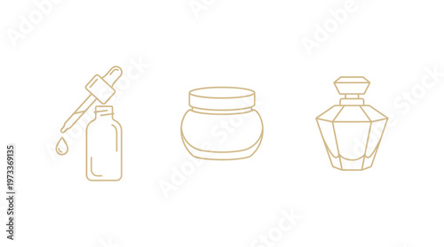 High-end beauty care icons featuring serum dropper, cream jar, and perfume bottle, clean line vector with luxury spacing