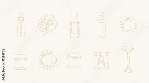 Luxury cosmetic icon set with minimalist skincare bottles, thin gold outline style, elegant vector design, premium branding aesthetic