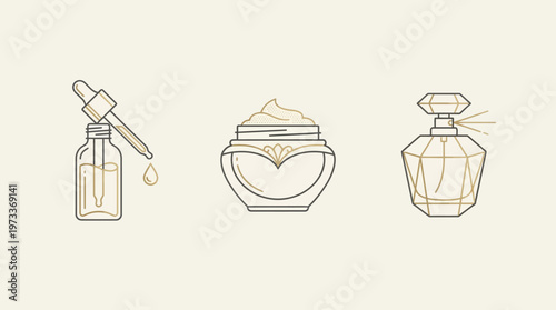High-end beauty care icons featuring serum dropper, cream jar, and perfume bottle, clean line vector with luxury spacing