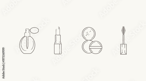 Modern luxury cosmetic icons using thin line vector style, balanced spacing, high-fashion aesthetic
