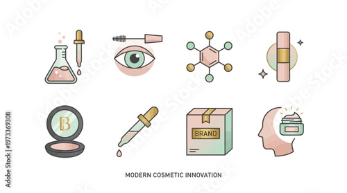 Modern cosmetic industry icons featuring product development and beauty branding elements