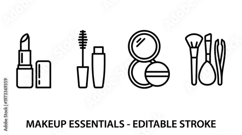 Makeup cosmetics icon pack with lipstick, mascara, powder compact, and beauty tools, editable stroke vector