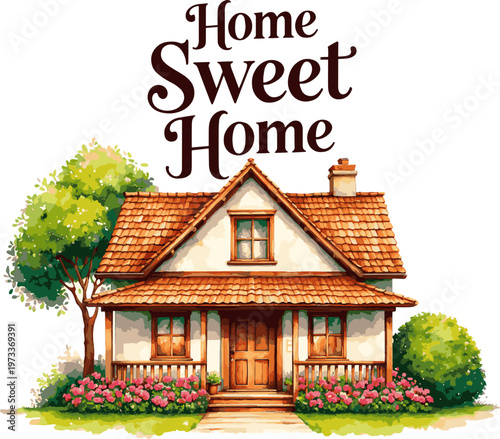 Create a realistic Watercolor cute country house with tiled roof, decorated in flowers, tree and bush. Hand-drawn isolated illustration for poster, print or banner. vector art with white background.