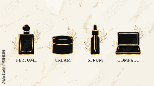 Luxury cosmetic packaging icons with perfume bottle, cream container, and beauty product silhouettes