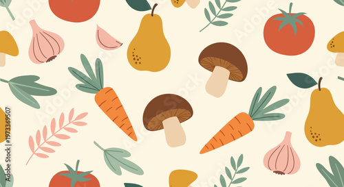 Seamless Pattern of Hand-Drawn Vegetables and Fruits Including Carrots, Tomatoes, Pears, and Mushrooms in a Rustic Flat-Design Style for Kitchen Decor