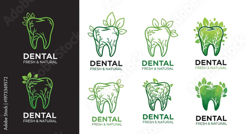 Organic Dental Care Logo Collection Featuring Tooth and Leaf Elements for Holistic Dentistry and Natural Oral Health Branding