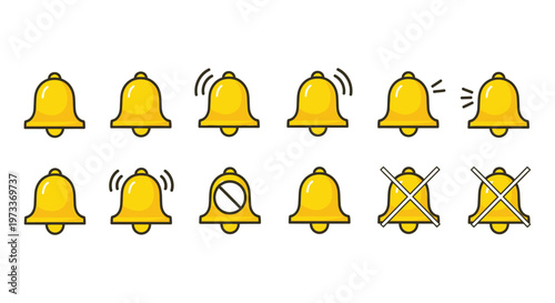 Modern vector graphic illustration showcasing a comprehensive set of diverse notification bell icons and symbols