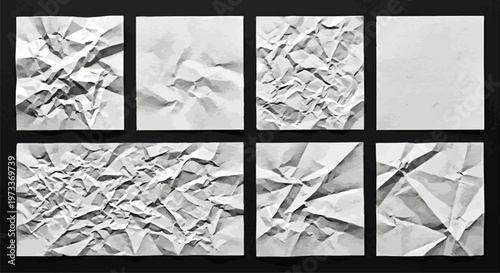 Create a realistic White Crumpled Paper Texture Panels Set on Black Background. Set of four white crumpled paper sheets with different wrinkle patterns on a black background. Clean paper Vector art.