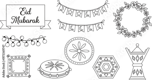 Set of hand-drawn Eid Mubarak outline elements including banners garlands and traditional decorations ideal for greeting cards invitations and festive designs