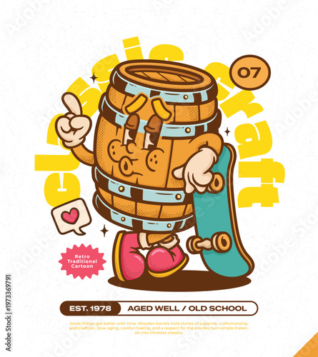Wooden Barrel Trendy Retro Cartoon Vector Hand Drawn 7