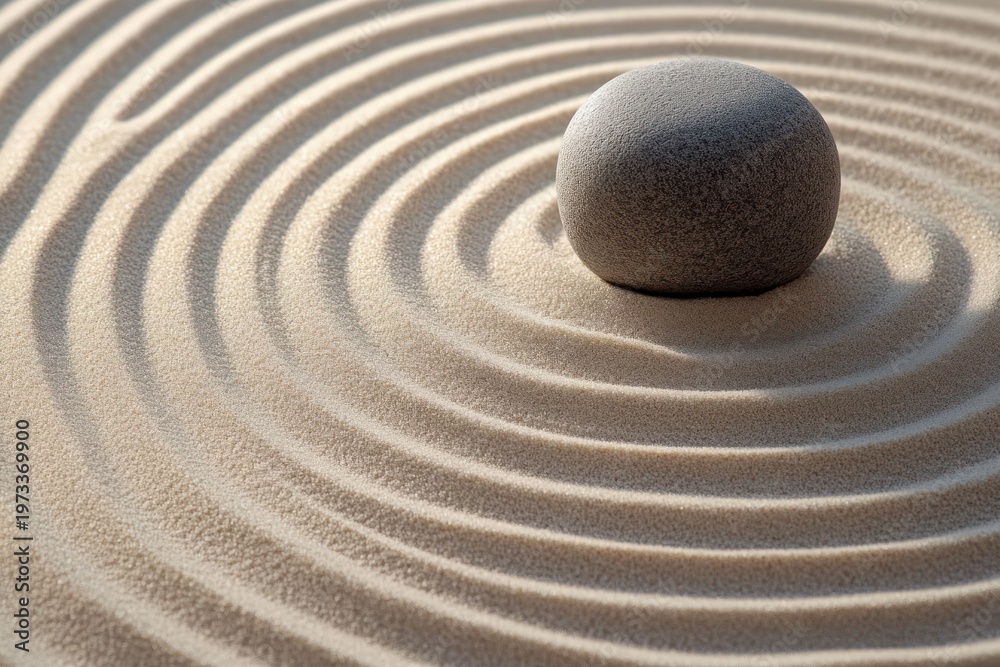 Naklejka premium smooth gray stone centered in concentric raked sand circles with soft light and shadow conveying calm serenity and meditative stillness
