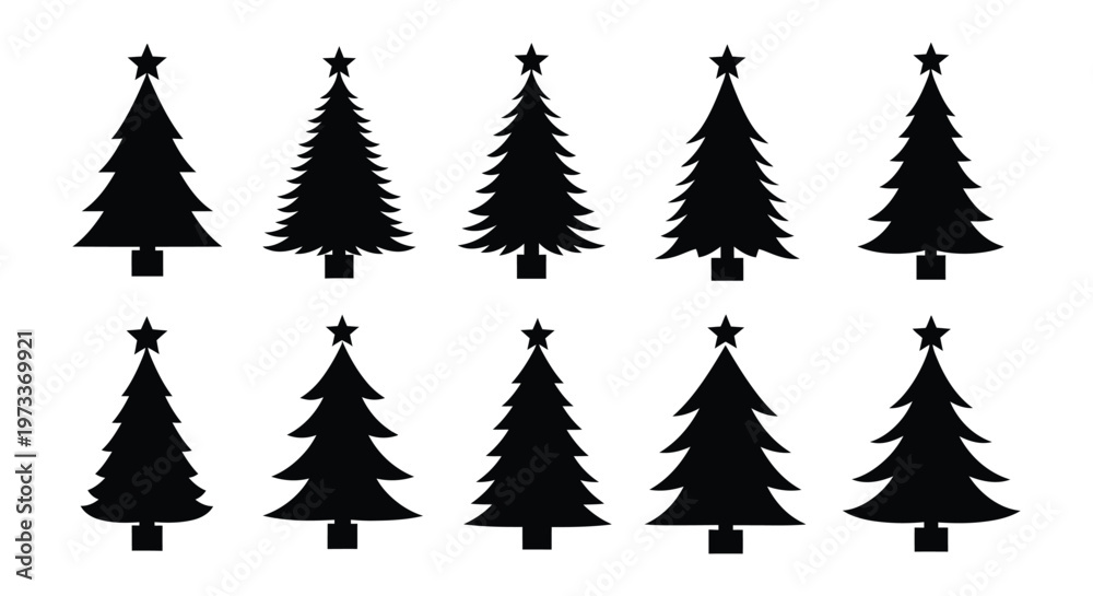 Fototapeta premium Collection of black vector graphic silhouettes representing various pine tree shapes for festive holiday design