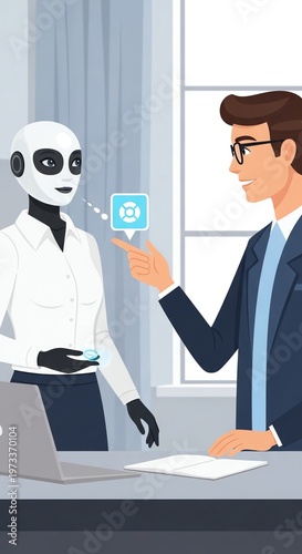 Futuristic Robot and Human Interaction in a Modern Office Setting.