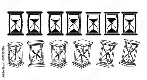 Collection of diverse hourglass vector illustrations depicting time passing and countdown elements in graphic design.