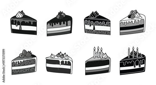 Set of black and white vector cake slices with various toppings and lit candles