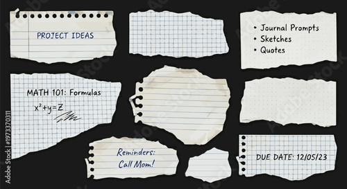 Create a Torn notebook paper pieces isolated on black background. Eight torn notebook paper scraps in lined, dotted, and graph styles, perfect for collage, notes, journaling, and education vector art.