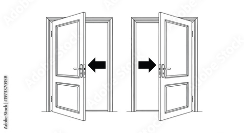 Vector graphic illustration depicting two elegant open doors with arrows indicating the closing direction