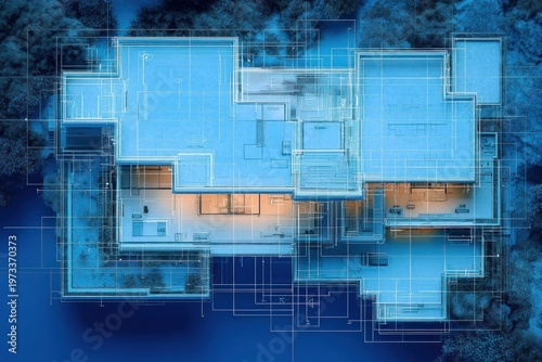 aerial top-down view of a modern flat-roof house with blueprint wireframe overlay, warm interior glow through windows, surrounded by trees, precise technical lines and serene futuristic mood