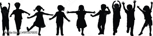 A long panoramic set of black silhouettes of active children boys and girls jumping dancing and playing together for happy childhood and youth concepts.