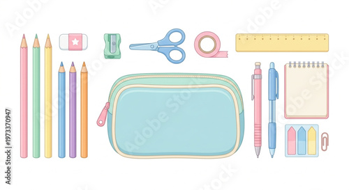 Flat vector set of cute stationery and pencil case in pastel colors isolated on white background.
