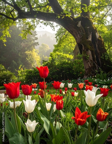 A vibrant display of red and white tulips in full bloom under the shade of a large, ancient tree, with a misty backdrop