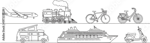 Set of diverse transportation vehicles outline vector icons for travel and logistics concepts isolated on white background