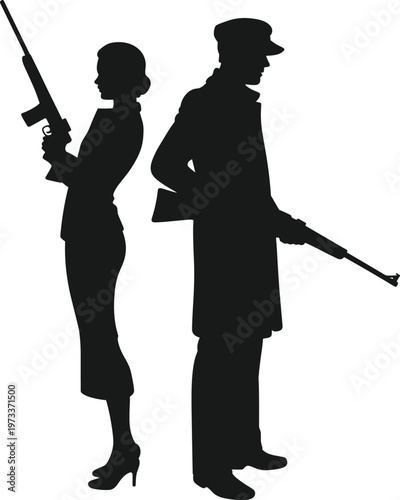 Black silhouette of a vintage man and woman standing back to back holding guns for a retro crime movie poster and thriller concept design.