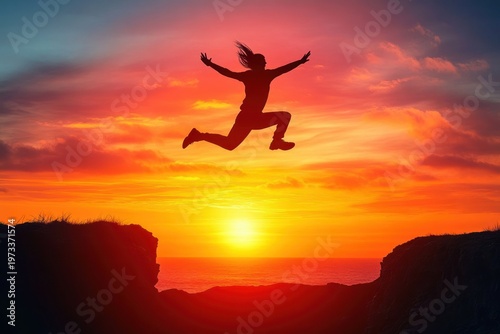 Silhouette of a person leaping across rocky cliffs over the ocean at a vibrant sunset, conveying freedom, courage and exhilaration