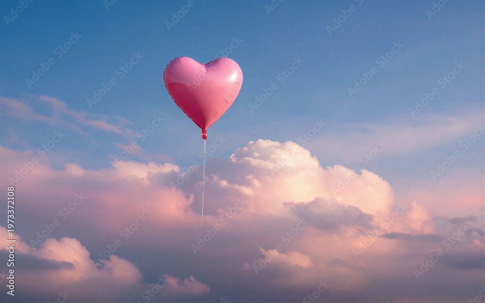 Fototapeta premium Pink heart balloon floats above fluffy clouds at sunset serene and