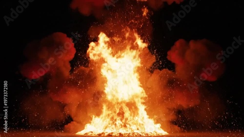 Massive Fireball Explosion with Sparks and Smoke on Black Background
