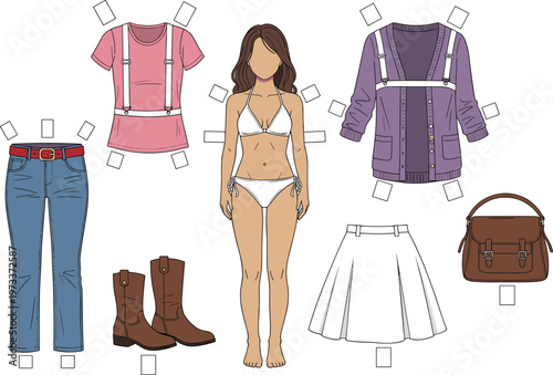 Women Outfit Mix and Match Set with Clothing Pieces, Accessories and Body Base for Fashion Styling and Dress Up Illustration Design