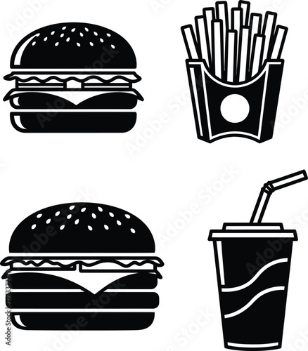 Fast food icons, black and white, vector illustrations, restaurant symbols, foodie graphics